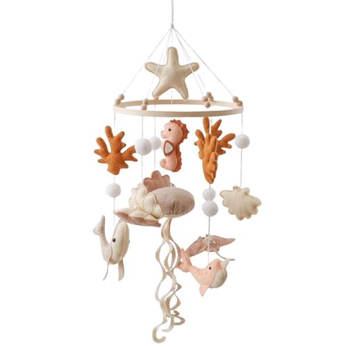 Baby Mobile for Crib – Handmade Ocean Baby Crib Mobile with Seahorse, Shell & Stingray, Nursery Mobiles with Beech Wood Ring, Mobile for Crib Hanging Toy, Neutral Felt Mobile for Bassinet Decor