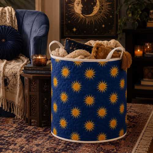 Celestial Sun Quilted Laundry Basket, Navy Gold Hamper, Boho Nursery Storage Bin, Mystical Vintage Home Decor Organizer Bin