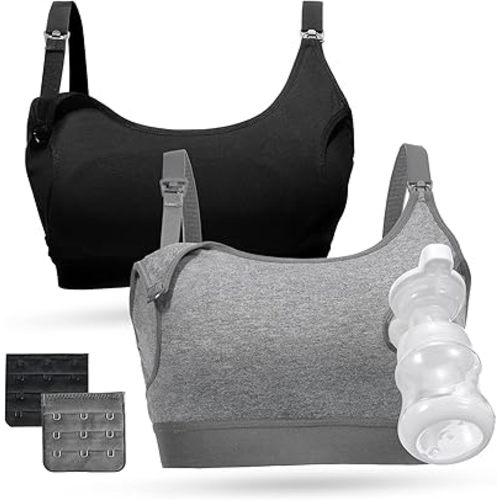 Momcozy Pumping Bra Hands Free, Pumping and Nursing Bra in One Holding Breast Pump for Spectra, Lansinoh, Medela, Black,grey-2pk, XX-Large