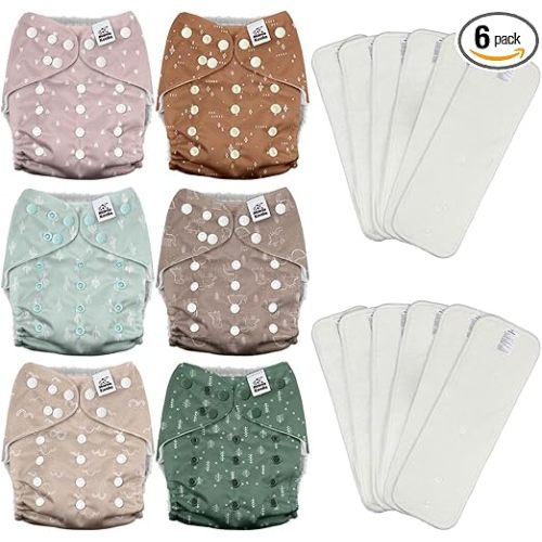 Mama Koala 3.0 Cloth Diapers for Babies with AWJ Lining, 6 Pack with 12 5-Layer Bboo(No Microfiber) Cloth Diaper Inserts - Reusable and Washable Pocket Diapers(12-My Warm Heart)