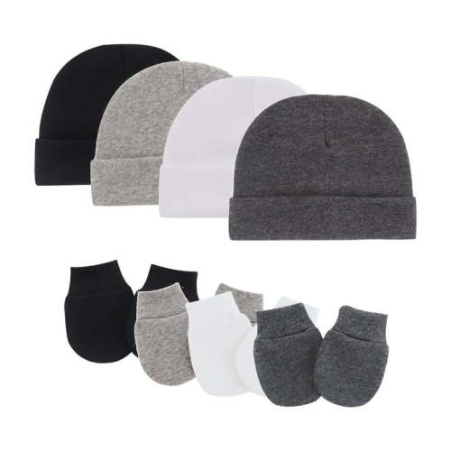 Tisoloow Baby Hats with Scratch Mittens Set Unisex Newborn Hospital Hats for Baby Boys Girls Cute Infant Beanie Caps Black&White&Light Grey&Dark Grey One Size