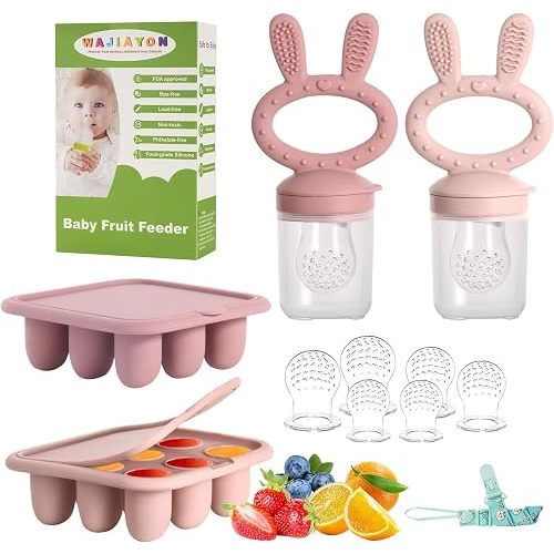 WAJIAYON Baby Breastmilk Popsicle Molds & Baby Fruit Feeder (4 Pack), Infant Food Freezer Tray Storage Containers, Silicone Teething Pacifier Feeder and Teether for Babies（Pink&Purple）