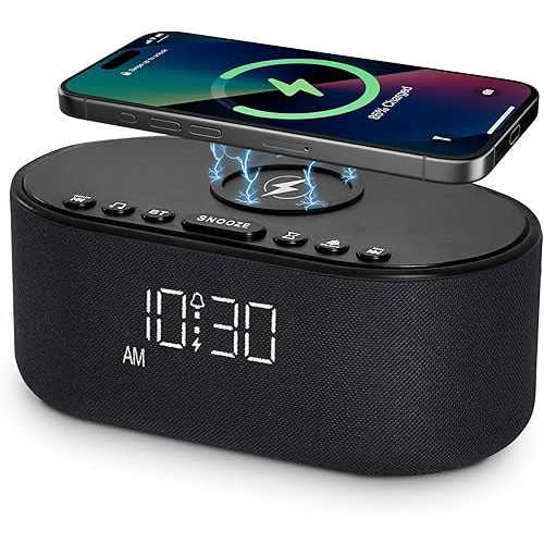 Sound Machine Alarm Clock for Bedrooms: Bluetooth 10W Stereo Sound Speaker with Wireless Charging - White Noise Machine for Sleeping with 21 Soothing Sounds - Black