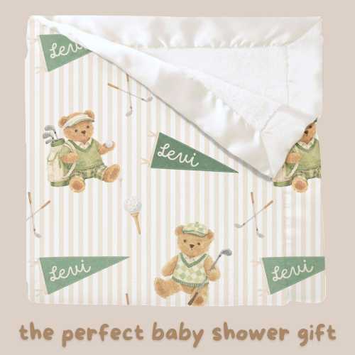 Golf Teddy Bear Satin Trim Minky Blanket | Personalized Golf Nursery Baby Blankey | Custom Name Blanket Baby Shower Gift | Golf Lovey