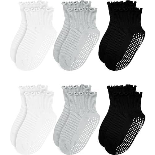 Girls Ruffle Socks - Baby Toddler Non-Slip Socks with Grips - Indoor Soft Cotton Frilly Ankle Sock