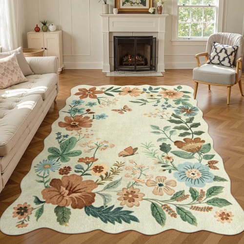 Moynesa, Area Rug, 5'x7' Floral Boho Rug Beige, Non-Slip, Washable