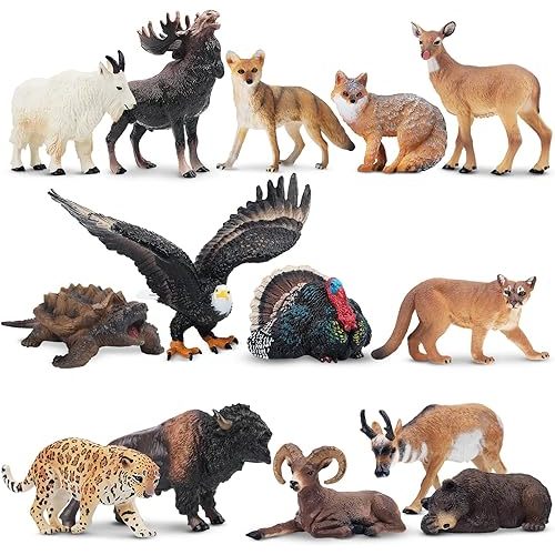 Toymany 14PCS Mini North American Forest Animals Figurines, Realistic Jungle Animal Toys Includes Elk Pronghorn Leopard Gey Fox for Kids Adults Toddlers