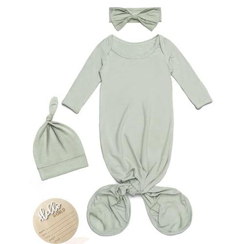 4pc Newborn Knotted Gown Set Hat Headband Hello World Sign, Coming Home Outfit Baby First