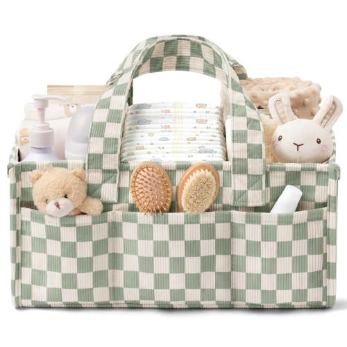 Corduroy Baby Diaper Caddy Organizer, Portable Nursery Storage Basket with 5 Removable Dividers, Large Diaper Organizer for Newborn Nursery Essentials, Baby Shower Gift, Green Checkered