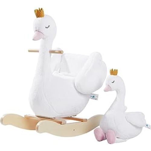 labebe Kids Rocking Horse White Swan with Little Plush Doll Toys, Stuffed Animal Wooden Rocker for Children 6 Months Boys and Girls/Nursery Christmas, Birthday Gift (Rocking Swan with Doll)