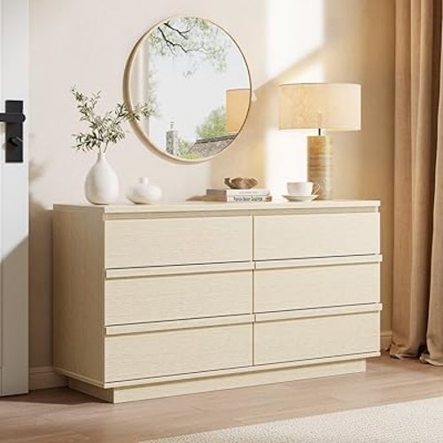 6 Drawer Dresser for Bedroom, 47" Wide Double Dresser, Chest of Drawers with No-Handle Design, Minimalist Wood Storage Dressers Organizer Furniture for Nursery, Living Room, Entryway, Light Oak