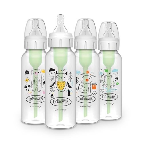 Dr. Brown's Natural Flow Anti-Colic Options+ Narrow Baby Bottle, 8 oz/250 mL, with Level 1 Slow Flow Nipple, BPA Free, 0m+, Bear, Owl, Pig, Frog, 4-Pack