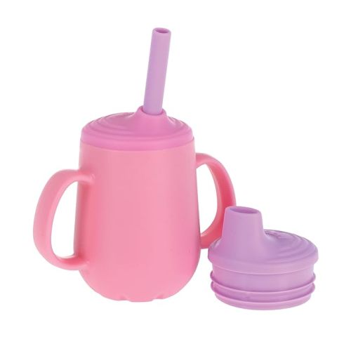 Nuby 3-Stage Training Cup Set - Silicone Tumbler with Spout and Straw Combo - 4 oz - 6+ Months - Girls