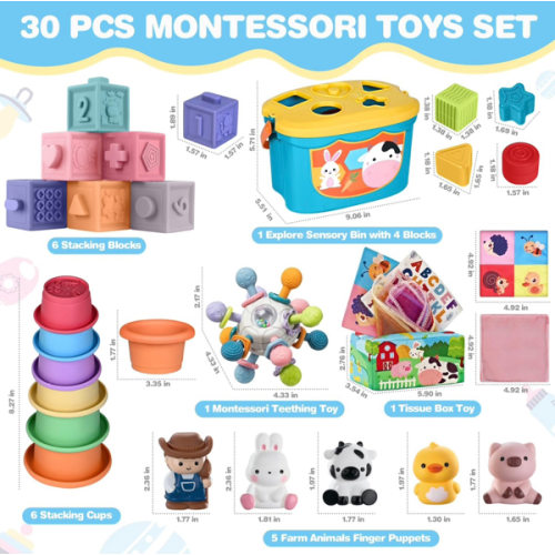 6 In 1 Montessori Sensory Baby Toy Set, Teething & Stacking Building Block Cup & Tissue Box & Sensory Bin For Development