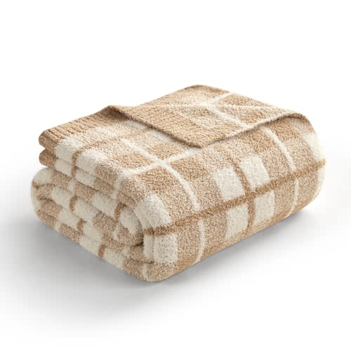 Snuggle Sac Checkered Throw Blanket for Couch, Super Soft Cozy Warm Knit Netural Decorative Fluffy Blankets, Reversible Buffalo Plaid Microfiber Throws for Sofa Bed, Beige Plaid, 50x60 Inches