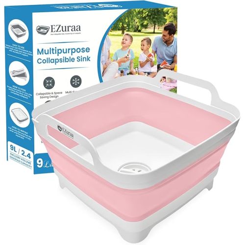 EZuraa 2.4 gal(9L) Pink Collapsible Dish Basin, Portable Sink or Dish Pan for Kitchen Sink with Drain Plug/Strainer, Space Saving Baby Bottle Wash Basin Collapsible Bucket, Beverage Tub for Camping