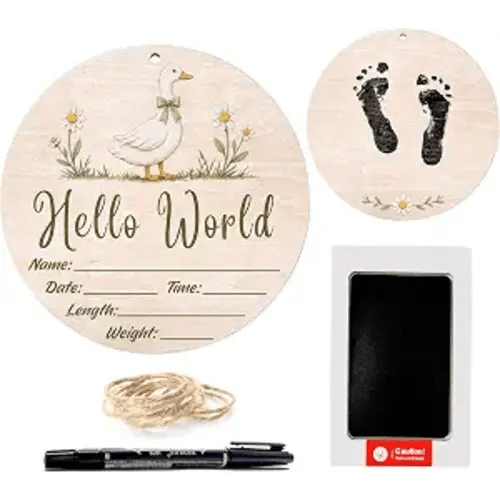 Hello World Baby Announcement Sign, Goose Newborn Sign, 6.7 Inch Round Wooden Name Sign for hospital, With Ink Pad for Hand and Footprints, Marker Pen, Baby Photo Prop & Keepsake