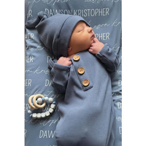 Caden Lane Steel Blue Ribbed Bamboo Baby Knot Gown & Hat - Shop