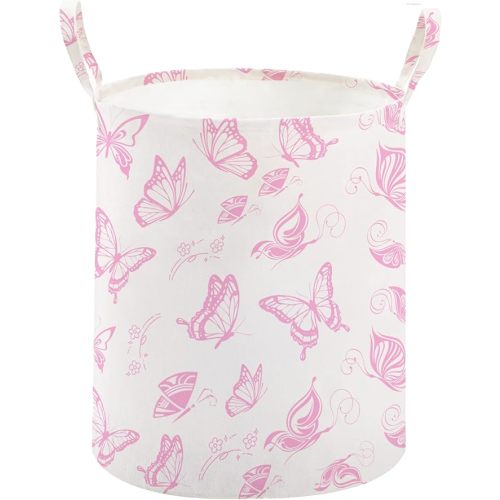TECHMILLY Large Storage Basket for Girls and Boys, Collapsible Laundry Hamper with Long Handles, Toy Bins for Nursery, Kids Room Décor (Pink Butterfly)