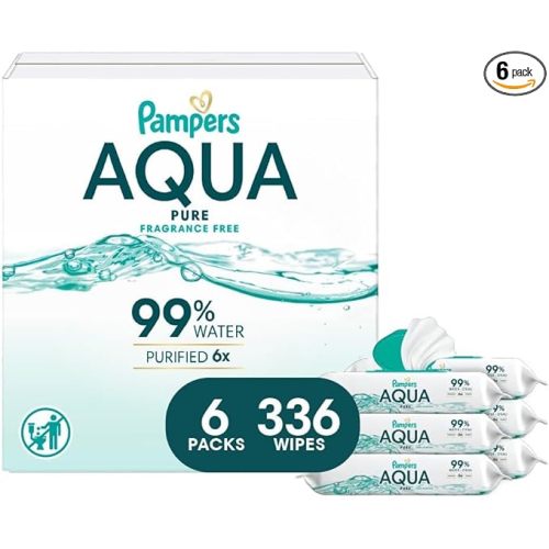 Pampers Aqua Pure Baby Wipes, 99% Water, Fragrance Free, 336 Baby Wipes Total (6X Flip-Top Packs) [Packaging May Vary]