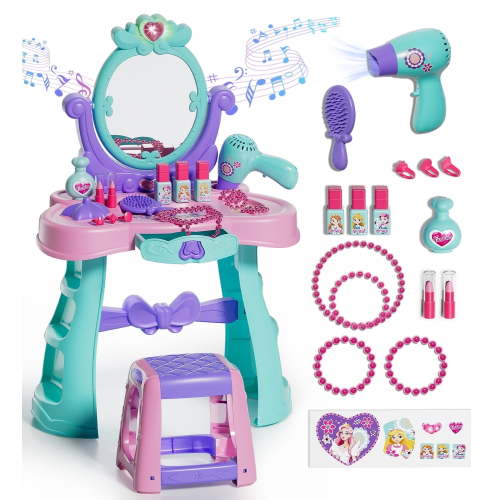 Toddler Vanity Makeup Table with Mirror and Chair, Toddler Kids Girls Vanity Set for Toddlers Age 3+