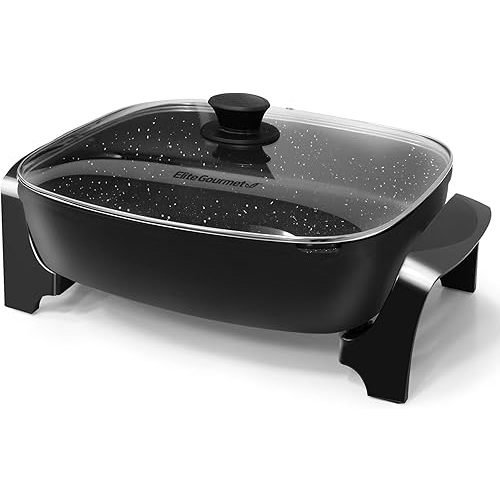 Elite Gourmet EG-6203# Extra Deep 16"x13"x3.2" (10.5Qt.) Scratch Resistant, Easy Pour Spout Dishwasher Safe, Non-stick Electric Skillet with Glass Vented Lid, Adjustable Temperature, Black