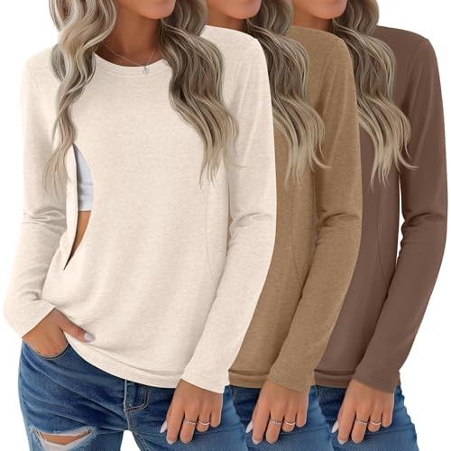 3 Pack Nursing Tops for Breastfeeding Maternity Shirts Zipper Long Sleeve Round Neck Knit Casual Nursing Clothes