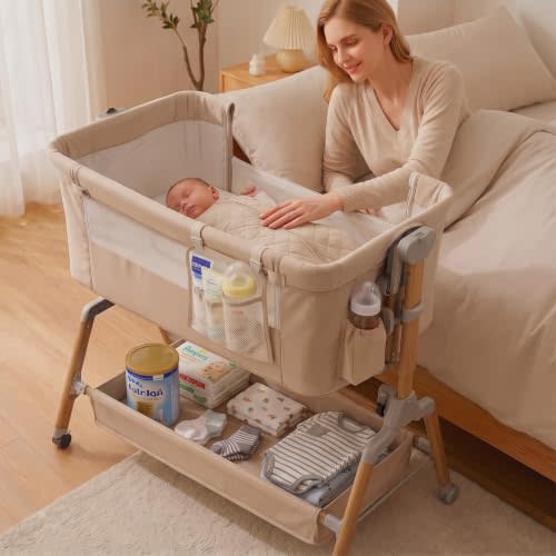 [Extra Large All-in-One Bedside Bassinet Crib Sleeper | CPSC & ASTM Safety Certified, 1-Hand Drop Side, Silent Rocking, 0-7° Adjustable, 38L Storage, Tool-Free, Fits 0-24M Babies