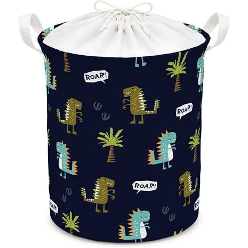 Dinosaur Nursery Laundry Basket, Dinosaur Bathroom Decor, Navy Blue Dino Boy Nursery Laundry Hamper Waterproof Storage Bin Organizer for Toddler Boys Kids Bathroom Bedroom Clothes