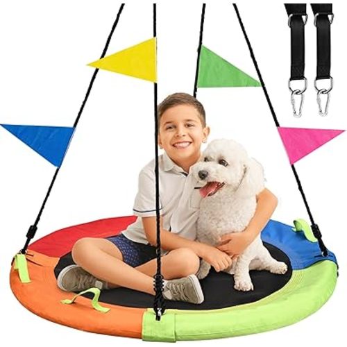 Tree Swing, Saucer Swing, 48 inch 900lbs Weight Capacity, with Adjustable Hanging Straps, for Backyard Outdoor, Multicolor, Circle Round Disc, Gifts for Kids