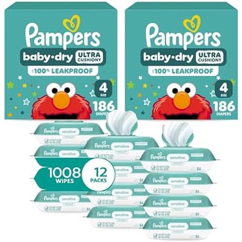 Pampers Baby Dry Disposable Baby Diapers Size 4, 2 Month Supply (2 x 186 Count) with Sensitive Water Based Baby Wipes 12X Multi Pack Pop-Top and Refill (1008 Count)