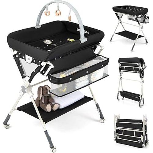 BABY JOY Portable Baby Changing Table, Foldable Diaper Changing Station with Wheels, Adjustable Height, Large Storage Rack, Removable Activity Arch, Mobile Nursery Organizer for Newborn Infant (Black)