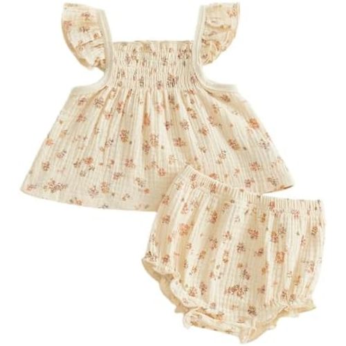 TheFound Baby Girl Summer Outfit Floral Print Fly Sleeve Ruffled Top Bowknot Elastic Waist Short Casual Toddler Baby Clothes