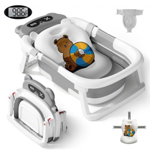 CshidWorld Collapsible Baby Bathtub, Baby Bath Tub with Soft Cushion+Baby Tub Sling & Thermometer, Baby Bathtub Newborn to Toddler 0-36 Months, Portable Travel Baby Tub, Gray