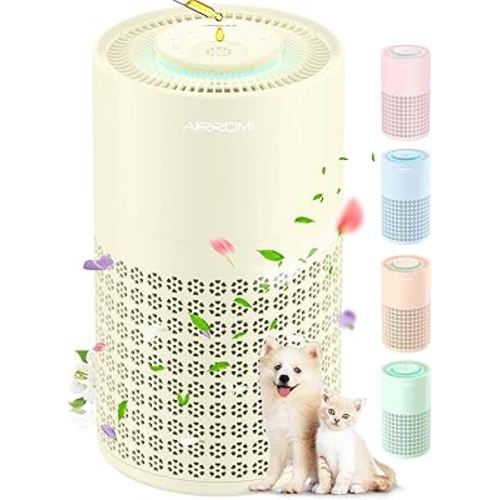 AIRROMI Air Purifier for Bedroom with HEPA Fet Filters, Pet Air Purifiers for Home Cat Pee Smell, Covers Up to 990Ft², Quiet 360° intake Air Cleaner for Allergies Dust Smoke Odor A2001 Yellow