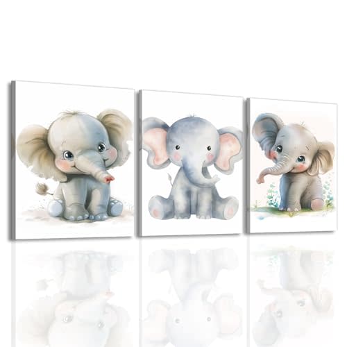 Cute Animal Wall Art Set Of 3 Baby Elephant Painting Nursery Wall Decor Watercolor Animal Posters Artwork For Bedroom Living Room Bathroom Decor Framed(Artwork-4,11"x14"x3pcs)