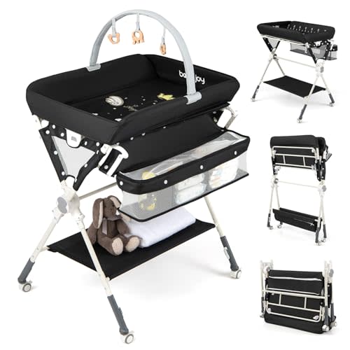 BABY JOY Portable Baby Changing Table, Foldable Diaper Changing Station with Wheels, Adjustable Height, Large Storage Rack, Removable Activity Arch, Mobile Nursery Organizer for Newborn Infant (Black)