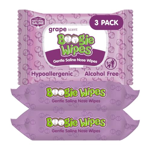 Boogie Saline Nose Wipes Grape Scent - 90 Count | Hypoallergenic & Alcohol-Free, Allergy Relief, Made with Natural Saline, Aloe, Chamomile & Vitamin E, Diaper Bag Essential