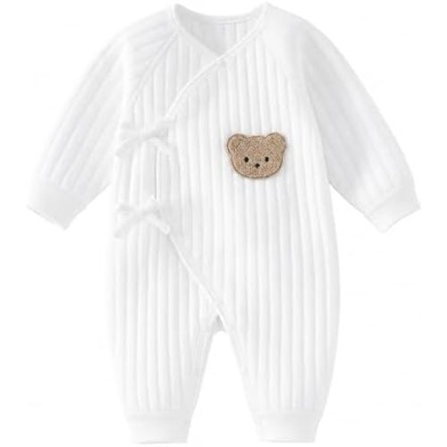 Newborn Baby Cotton Onesie, Cute Bear Patched Casual Long Sleeve Bodysuit, Toddler & Infant Boy's Girl's Comfortable Clothing (White, 1-3 Months)