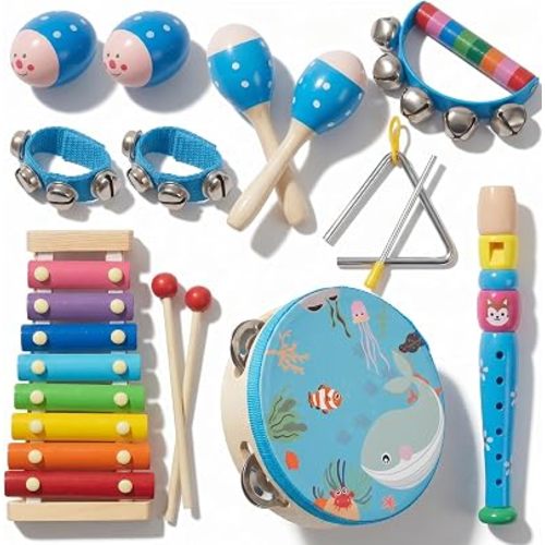 Wooden Musical Instruments Set for Toddlers 1-3, Natural Wood Percussion Instruments Xylophone Gift Set for Girls Boys Kids ,Preschool Educational Musical Toys with Storage Bag