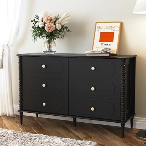 Black 6 Drawer Dresser for Bedroom, 47" Wide Chest of Drawers with Turned Legs and Ceramic Knobs, Double Dresser, Wood Drawer Storage Organizer for Bedroom, Living Room, Hallway