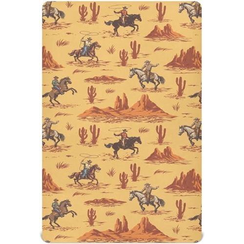Western Cowboy American Crib Sheets for Boys Girl Wild West Cowboys and Horses Cactus Print Mattress Cover Unisex Toddler Baby Bed Sheets Fitted Standard Crib Sheets 28x52 Inch