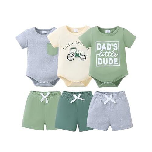 Jecson Newborn Boy Clothes Baby Boy Outfits Summer Set 6-Piece Cotton Short Sleeve Top and Shorts for 0-18M