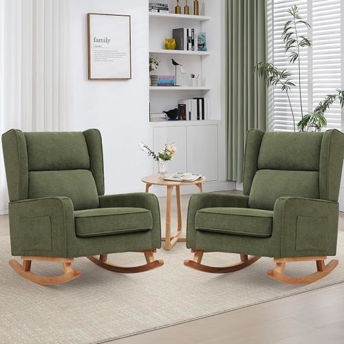 HCHAIRH Nursery Rocking Chairs, Rocking Chair Nursery for Mom Nursery Rocker with High Backrest and Solid Wood Legs, Modern Wingback Accent Rocking Chair for Reading Living Room Bedroom Green