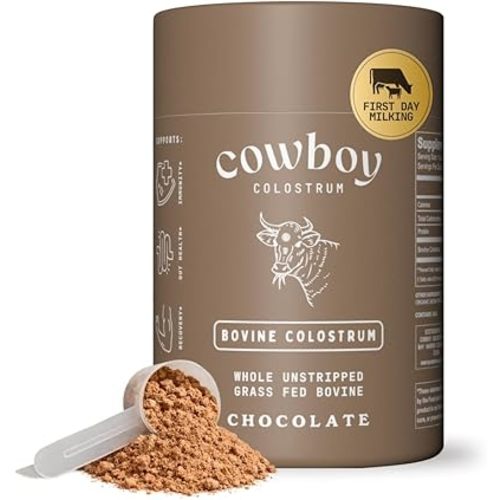 Cowboy - The Exclusive 1st Milking, Whole, Grass Fed Colostrum Supplement for Full Body Health - Bovine Colostrum Powder Packed w/Bioactive Nutrients - Sugar Free (Chocolate, 40 Servings)