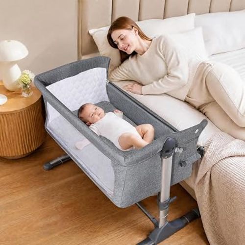 BABY JOY Baby Bedside Crib, Portable Travel Sleeper Bed Side Bassinet w/Carrying Bag, Newborn Bassinet to Infant, Kids Crib with Detachable Mattress, Height Adjustable Design, Breathable Mesh, Grey