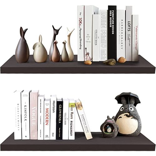 SAUMONIERES 24 Inch Floating Wall Shelves for Bedroom Bathroom Wall Mounted Solid Wood Shelf Storage Set of 2, Espresso