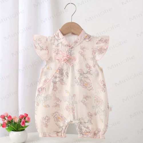 Baby Knot Button Floral Flutter Sleeve Romper