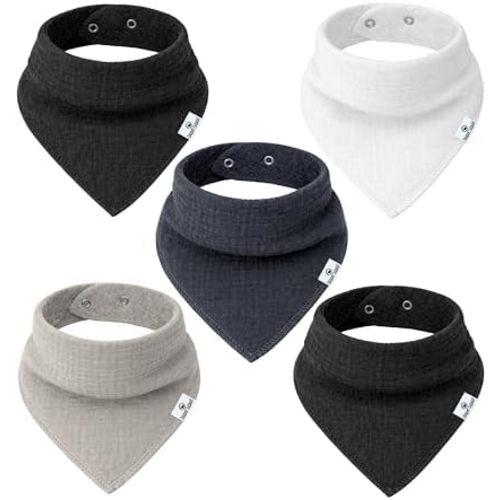 Diaper Squad 5-Pack Muslin Baby Bandana Drool Bibs | Super Absorbent & Adjustable | Triangle Bandana Bibs Style | Organic 100% Soft Cotton | Neutral Colors