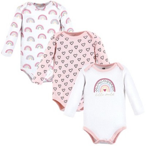 Hudson Baby Infant Girls Cotton Long-Sleeve Bodysuits, Modern Rainbow 3-Pack, 3-6 Months